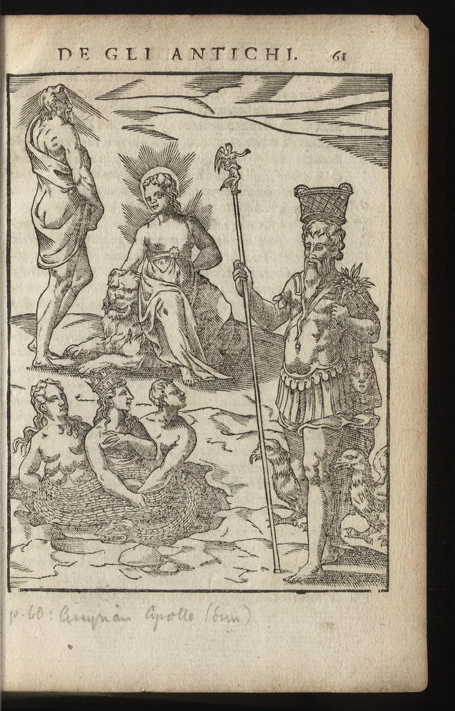 An illustration from Le imagini de i dei de gli antichi : nelle qvali si contengono gl'idoli, riti, ceremonie, & altre cose appartenenti alla religione de gli antichi, con la loro espositione & con bellissime & accomodate figure nouamente ristampate et con esserui citati i luoci de gli autori stessi di donde molte cose sono cauate con molta diligenza riuiste e ricorrette, 1581, leaf 122