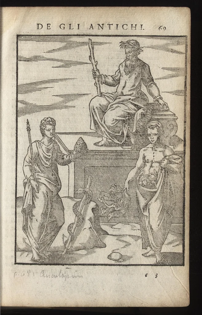 An illustration from Le imagini de i dei de gli antichi : nelle qvali si contengono gl'idoli, riti, ceremonie, & altre cose appartenenti alla religione de gli antichi, con la loro espositione & con bellissime & accomodate figure nouamente ristampate et con esserui citati i luoci de gli autori stessi di donde molte cose sono cauate con molta diligenza riuiste e ricorrette, 1581, leaf 130