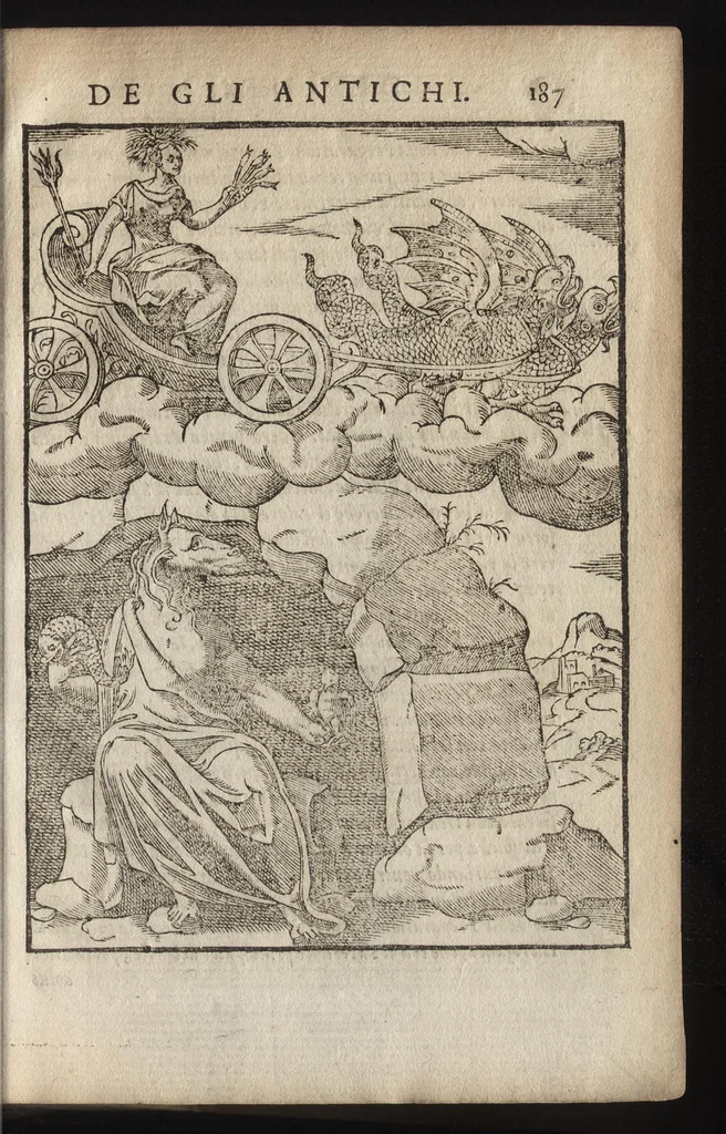 An illustration from Le imagini de i dei de gli antichi : nelle qvali si contengono gl'idoli, riti, ceremonie, & altre cose appartenenti alla religione de gli antichi, con la loro espositione & con bellissime & accomodate figure nouamente ristampate et con esserui citati i luoci de gli autori stessi di donde molte cose sono cauate con molta diligenza riuiste e ricorrette, 1581, leaf 248