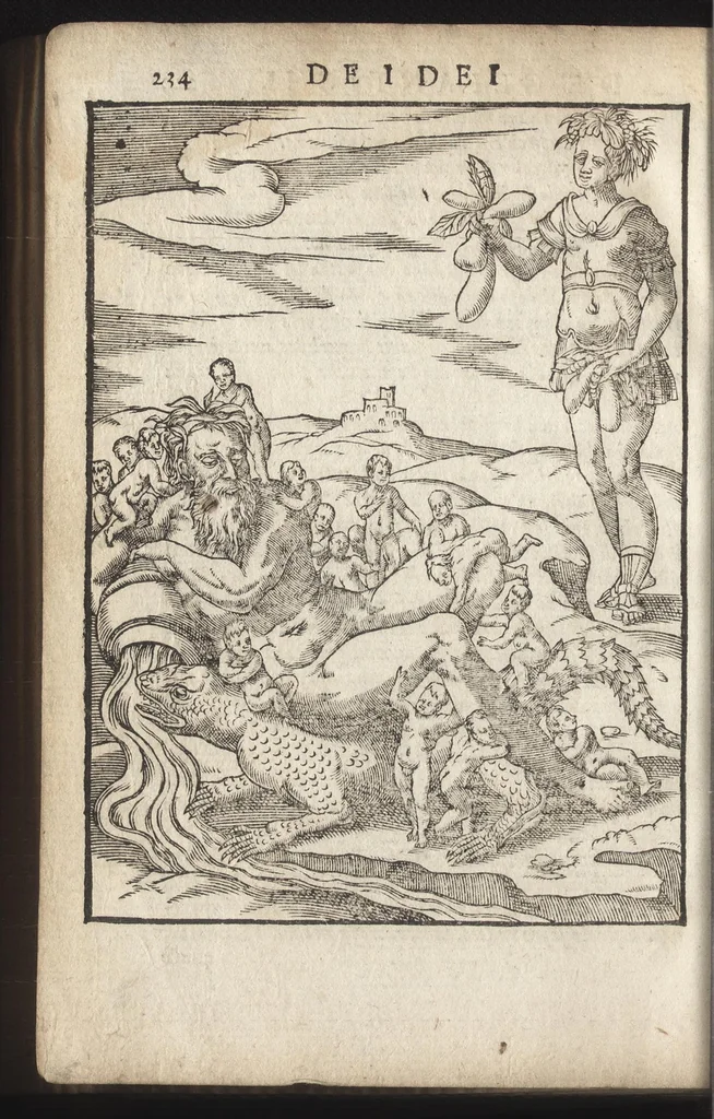 An illustration from Le imagini de i dei de gli antichi : nelle qvali si contengono gl'idoli, riti, ceremonie, & altre cose appartenenti alla religione de gli antichi, con la loro espositione & con bellissime & accomodate figure nouamente ristampate et con esserui citati i luoci de gli autori stessi di donde molte cose sono cauate con molta diligenza riuiste e ricorrette, 1581, leaf 285