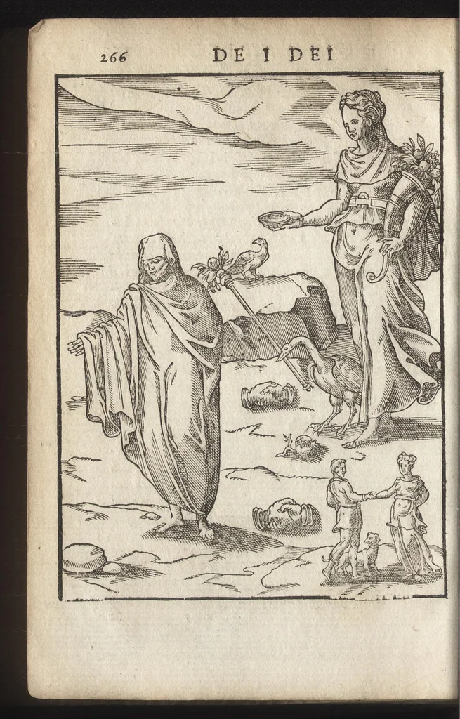 An illustration from Le imagini de i dei de gli antichi : nelle qvali si contengono gl'idoli, riti, ceremonie, & altre cose appartenenti alla religione de gli antichi, con la loro espositione & con bellissime & accomodate figure nouamente ristampate et con esserui citati i luoci de gli autori stessi di donde molte cose sono cauate con molta diligenza riuiste e ricorrette, 1581, leaf 327