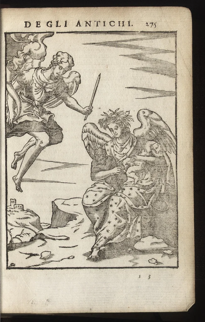 An illustration from Le imagini de i dei de gli antichi : nelle qvali si contengono gl'idoli, riti, ceremonie, & altre cose appartenenti alla religione de gli antichi, con la loro espositione & con bellissime & accomodate figure nouamente ristampate et con esserui citati i luoci de gli autori stessi di donde molte cose sono cauate con molta diligenza riuiste e ricorrette, 1581, leaf 338
