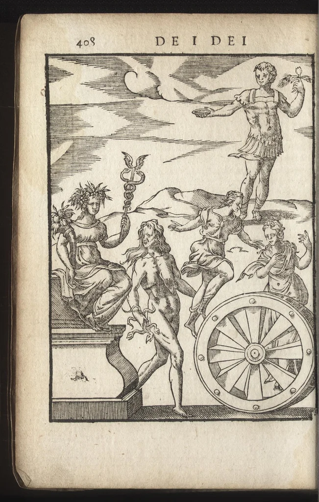 An illustration from Le imagini de i dei de gli antichi : nelle qvali si contengono gl'idoli, riti, ceremonie, & altre cose appartenenti alla religione de gli antichi, con la loro espositione & con bellissime & accomodate figure nouamente ristampate et con esserui citati i luoci de gli autori stessi di donde molte cose sono cauate con molta diligenza riuiste e ricorrette, 1581, leaf 471