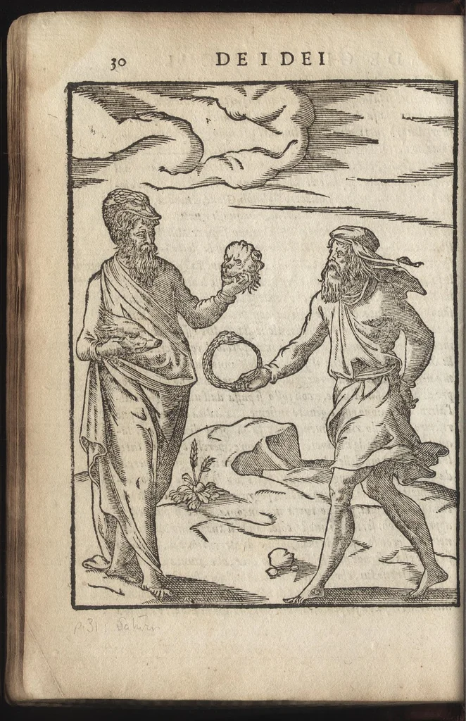 An illustration from Le imagini de i dei de gli antichi : nelle qvali si contengono gl'idoli, riti, ceremonie, & altre cose appartenenti alla religione de gli antichi, con la loro espositione & con bellissime & accomodate figure nouamente ristampate et con esserui citati i luoci de gli autori stessi di donde molte cose sono cauate con molta diligenza riuiste e ricorrette, 1581, leaf 91