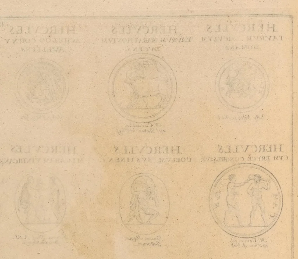 An illustration from Hercvles Ethnicorvm ex variis antiqvitatvm reliqviis delineatvs : additis in fine modernis qvibvsdam ejusdem argumenti pictvris, 1705, leaf 39