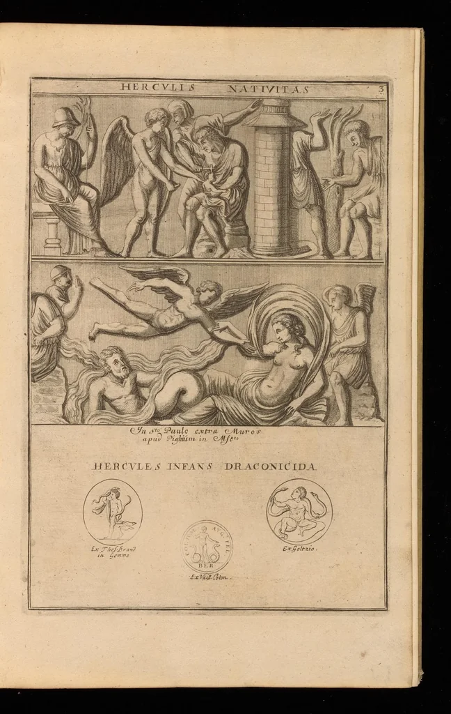 An illustration from Hercvles Ethnicorvm ex variis antiqvitatvm reliqviis delineatvs : additis in fine modernis qvibvsdam ejusdem argumenti pictvris, 1705, leaf 8