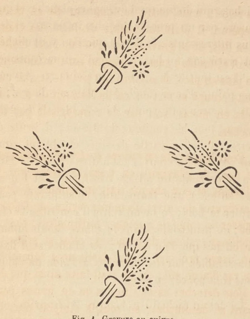 An illustration from Méthode pratique d'impression des tissus en couleurs : mates, dorées, argentées, bronzées, veloutées et perlées : applicable aus étoffes reteintes, aux tissus en pièces, aus rubans, aux peaux, toiles cirées, moleskines, aux papiers de fantaisie, à la chapellerie, aux cachets et marques de fabrique, etc, 1873, leaf 10