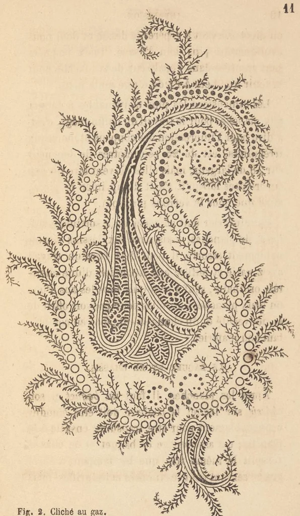 An illustration from Méthode pratique d'impression des tissus en couleurs : mates, dorées, argentées, bronzées, veloutées et perlées : applicable aus étoffes reteintes, aux tissus en pièces, aus rubans, aux peaux, toiles cirées, moleskines, aux papiers de fantaisie, à la chapellerie, aux cachets et marques de fabrique, etc, 1873, leaf 12