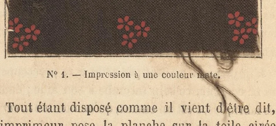 An illustration from Méthode pratique d'impression des tissus en couleurs : mates, dorées, argentées, bronzées, veloutées et perlées : applicable aus étoffes reteintes, aux tissus en pièces, aus rubans, aux peaux, toiles cirées, moleskines, aux papiers de fantaisie, à la chapellerie, aux cachets et marques de fabrique, etc, 1873, leaf 31