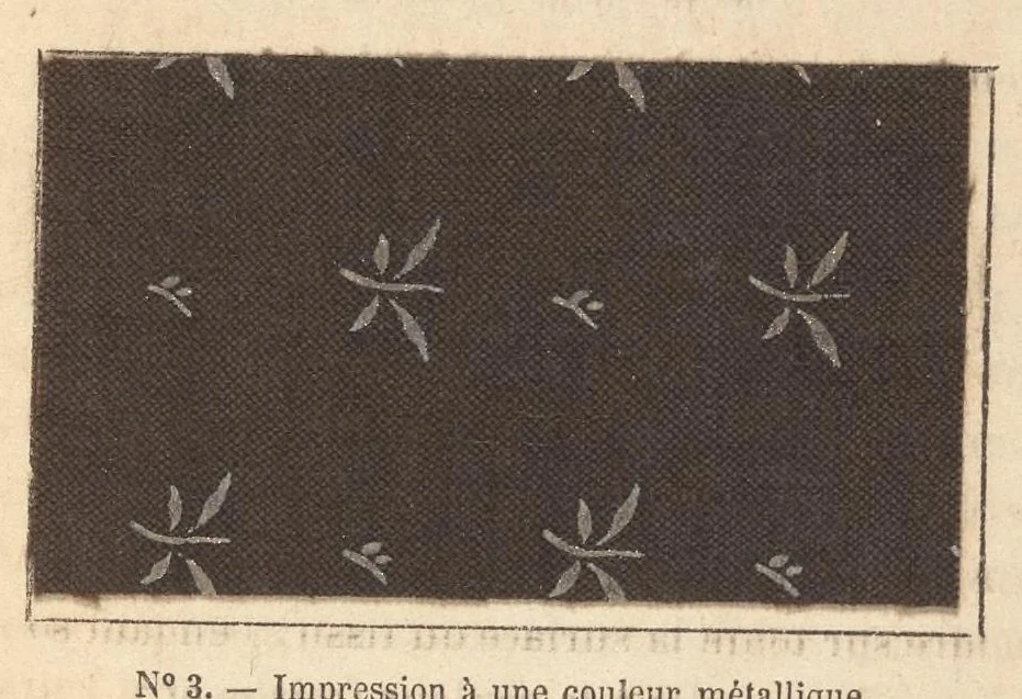 An illustration from Méthode pratique d'impression des tissus en couleurs : mates, dorées, argentées, bronzées, veloutées et perlées : applicable aus étoffes reteintes, aux tissus en pièces, aus rubans, aux peaux, toiles cirées, moleskines, aux papiers de fantaisie, à la chapellerie, aux cachets et marques de fabrique, etc, 1873, leaf 40