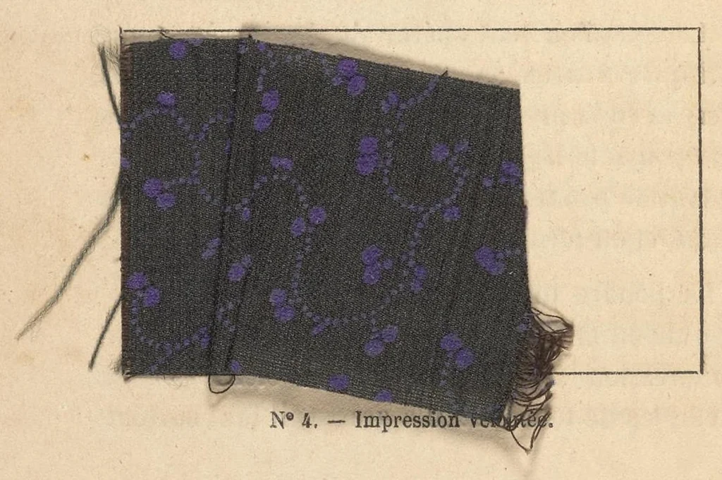 An illustration from Méthode pratique d'impression des tissus en couleurs : mates, dorées, argentées, bronzées, veloutées et perlées : applicable aus étoffes reteintes, aux tissus en pièces, aus rubans, aux peaux, toiles cirées, moleskines, aux papiers de fantaisie, à la chapellerie, aux cachets et marques de fabrique, etc, 1873, leaf 43