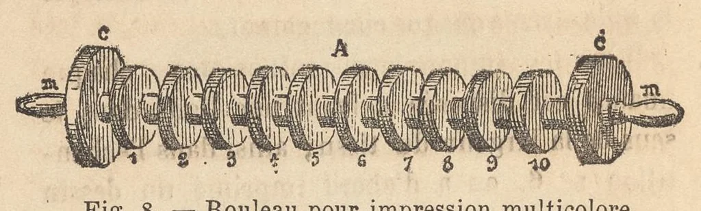 An illustration from Méthode pratique d'impression des tissus en couleurs : mates, dorées, argentées, bronzées, veloutées et perlées : applicable aus étoffes reteintes, aux tissus en pièces, aus rubans, aux peaux, toiles cirées, moleskines, aux papiers de fantaisie, à la chapellerie, aux cachets et marques de fabrique, etc, 1873, leaf 51