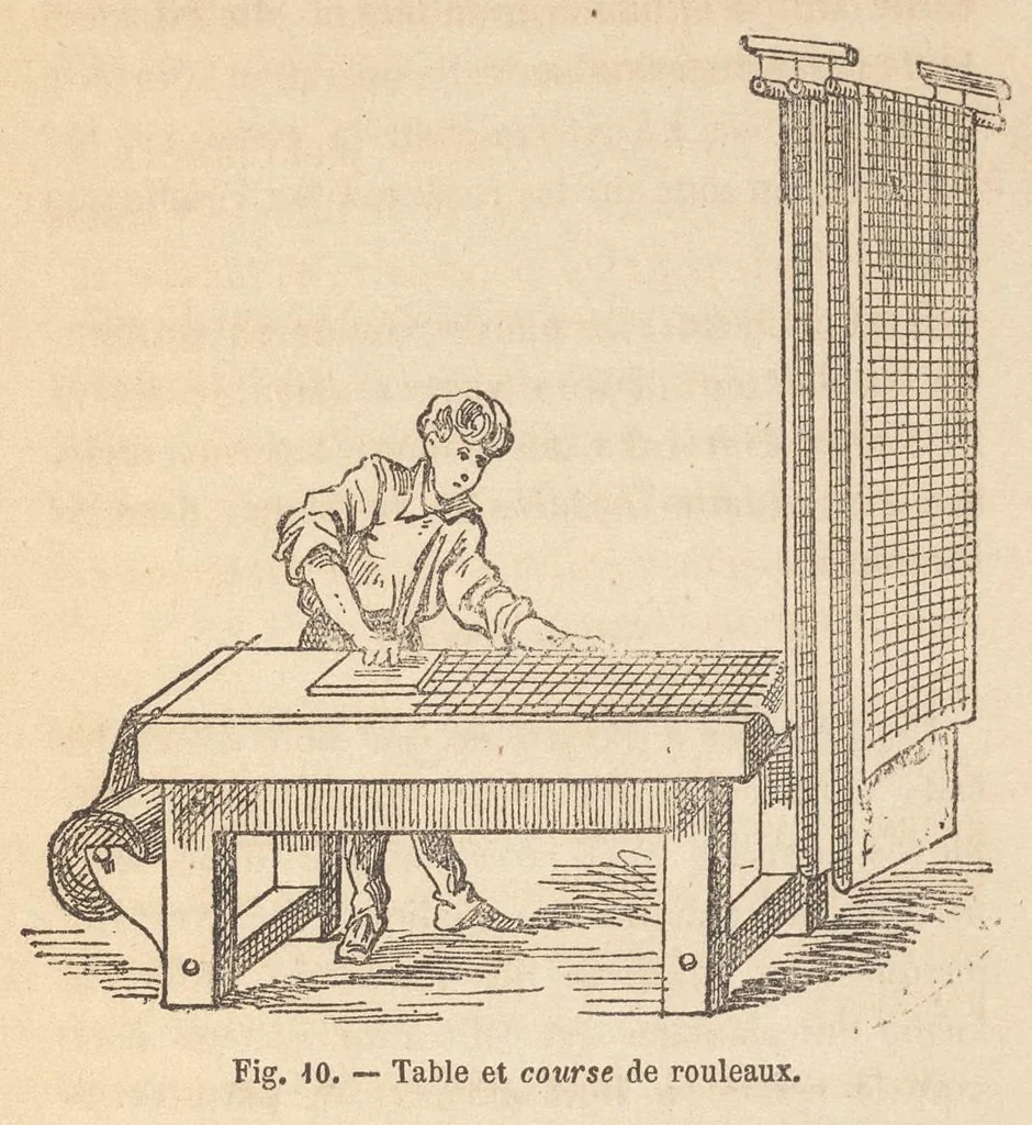 An illustration from Méthode pratique d'impression des tissus en couleurs : mates, dorées, argentées, bronzées, veloutées et perlées : applicable aus étoffes reteintes, aux tissus en pièces, aus rubans, aux peaux, toiles cirées, moleskines, aux papiers de fantaisie, à la chapellerie, aux cachets et marques de fabrique, etc, 1873, leaf 66