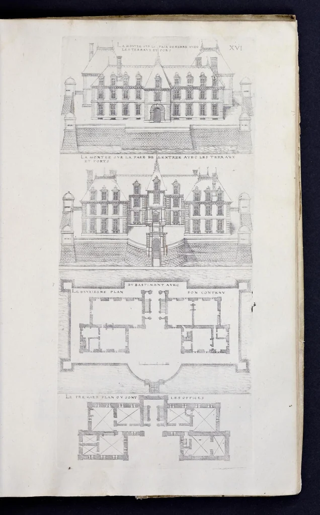 An illustration from Liure d'architecture de Iacques Androuet, du Cerceau : auquel sont contenues diuerses ordonnances de plants et éleuations de bastiment pour seigneurs, gentilshommes, & autres ... : tres-vtile et necessaire a ceux qui veulent bastir, à ce qu'ils soient instruits, & cognoissent les frais & la despense qu'il y conuient faire, 1615, leaf 100
