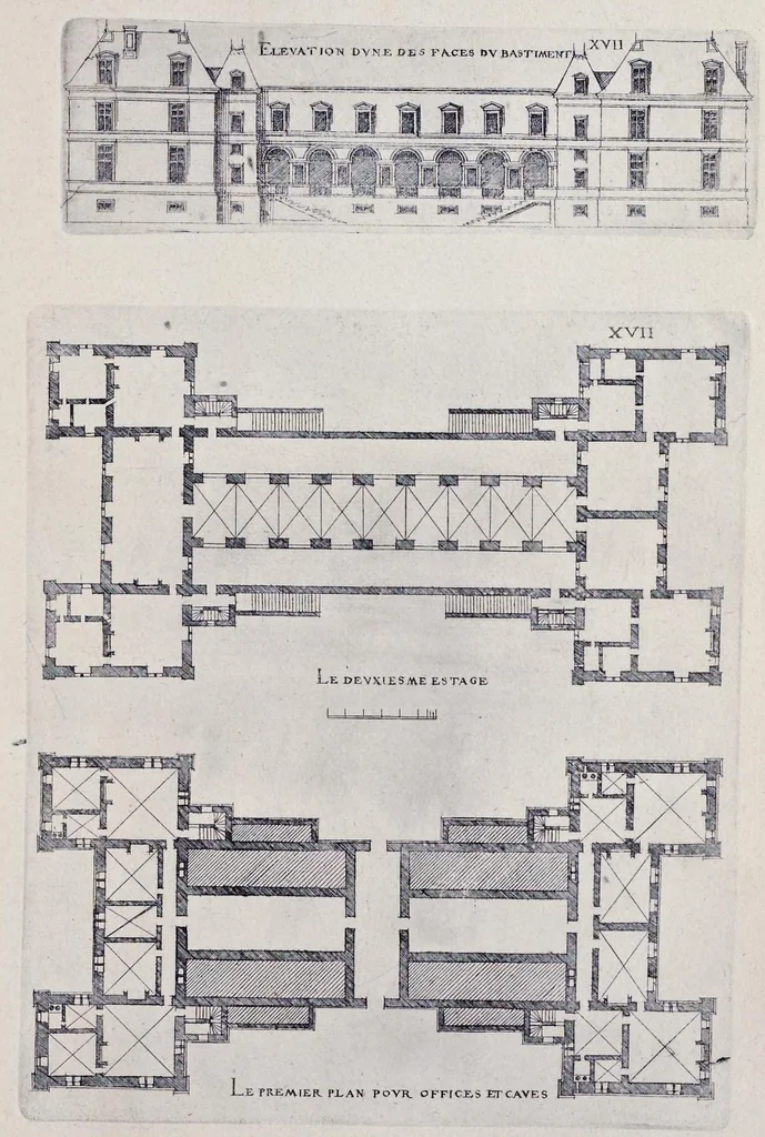 An illustration from Liure d'architecture de Iacques Androuet, du Cerceau : auquel sont contenues diuerses ordonnances de plants et éleuations de bastiment pour seigneurs, gentilshommes, & autres ... : tres-vtile et necessaire a ceux qui veulent bastir, à ce qu'ils soient instruits, & cognoissent les frais & la despense qu'il y conuient faire, 1615, leaf 102