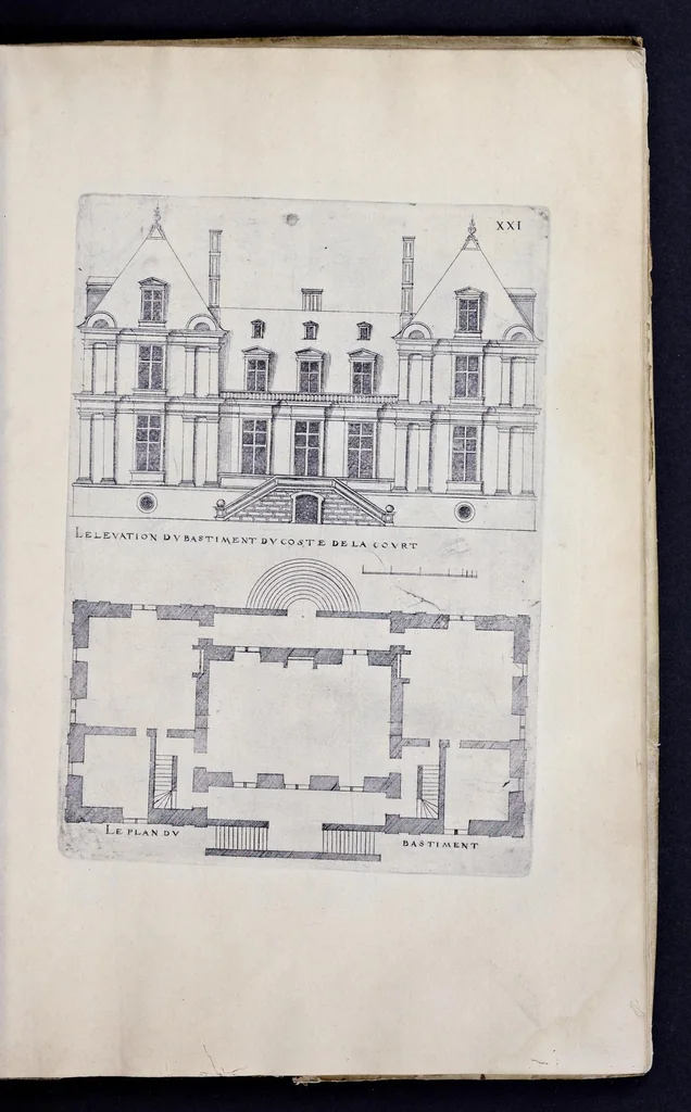 An illustration from Liure d'architecture de Iacques Androuet, du Cerceau : auquel sont contenues diuerses ordonnances de plants et éleuations de bastiment pour seigneurs, gentilshommes, & autres ... : tres-vtile et necessaire a ceux qui veulent bastir, à ce qu'ils soient instruits, & cognoissent les frais & la despense qu'il y conuient faire, 1615, leaf 112