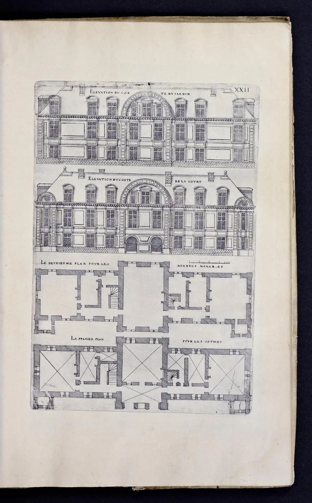 An illustration from Liure d'architecture de Iacques Androuet, du Cerceau : auquel sont contenues diuerses ordonnances de plants et éleuations de bastiment pour seigneurs, gentilshommes, & autres ... : tres-vtile et necessaire a ceux qui veulent bastir, à ce qu'ils soient instruits, & cognoissent les frais & la despense qu'il y conuient faire, 1615, leaf 114