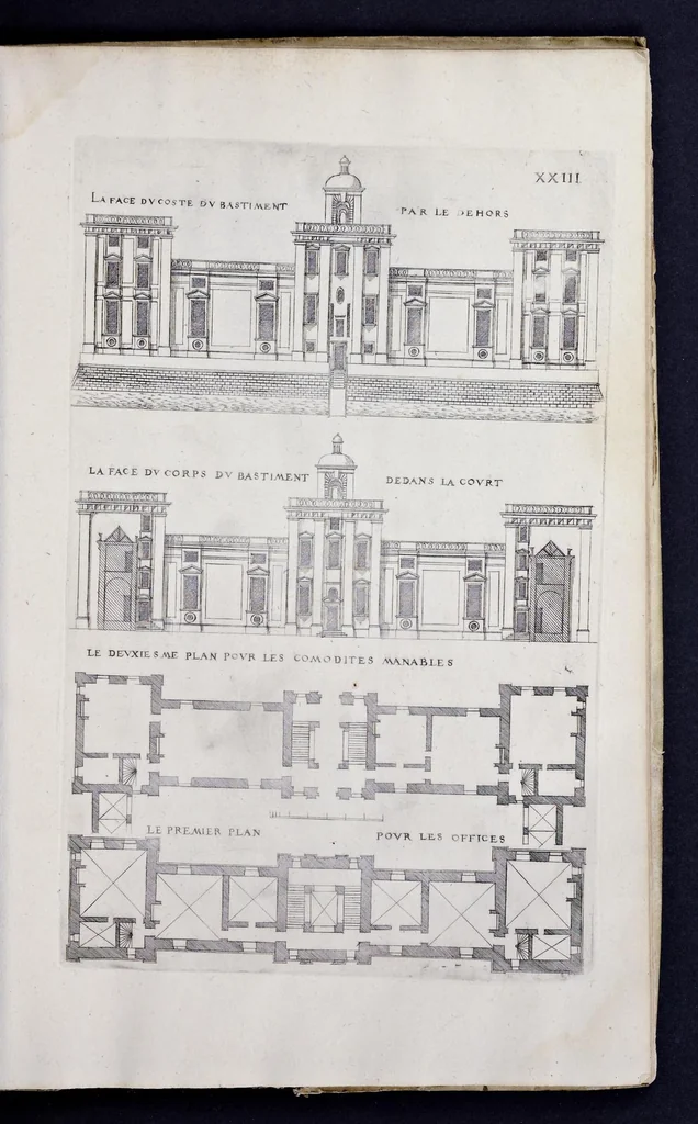 An illustration from Liure d'architecture de Iacques Androuet, du Cerceau : auquel sont contenues diuerses ordonnances de plants et éleuations de bastiment pour seigneurs, gentilshommes, & autres ... : tres-vtile et necessaire a ceux qui veulent bastir, à ce qu'ils soient instruits, & cognoissent les frais & la despense qu'il y conuient faire, 1615, leaf 116