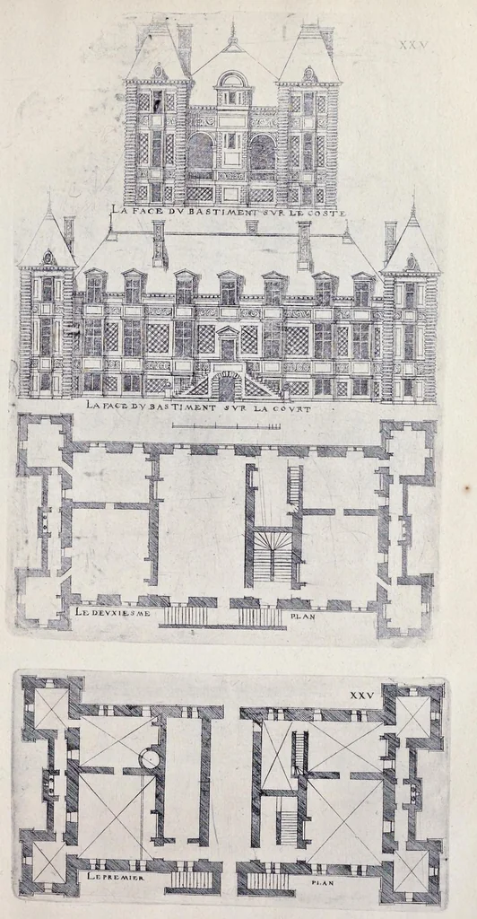 An illustration from Liure d'architecture de Iacques Androuet, du Cerceau : auquel sont contenues diuerses ordonnances de plants et éleuations de bastiment pour seigneurs, gentilshommes, & autres ... : tres-vtile et necessaire a ceux qui veulent bastir, à ce qu'ils soient instruits, & cognoissent les frais & la despense qu'il y conuient faire, 1615, leaf 120
