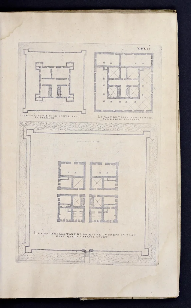 An illustration from Liure d'architecture de Iacques Androuet, du Cerceau : auquel sont contenues diuerses ordonnances de plants et éleuations de bastiment pour seigneurs, gentilshommes, & autres ... : tres-vtile et necessaire a ceux qui veulent bastir, à ce qu'ils soient instruits, & cognoissent les frais & la despense qu'il y conuient faire, 1615, leaf 124