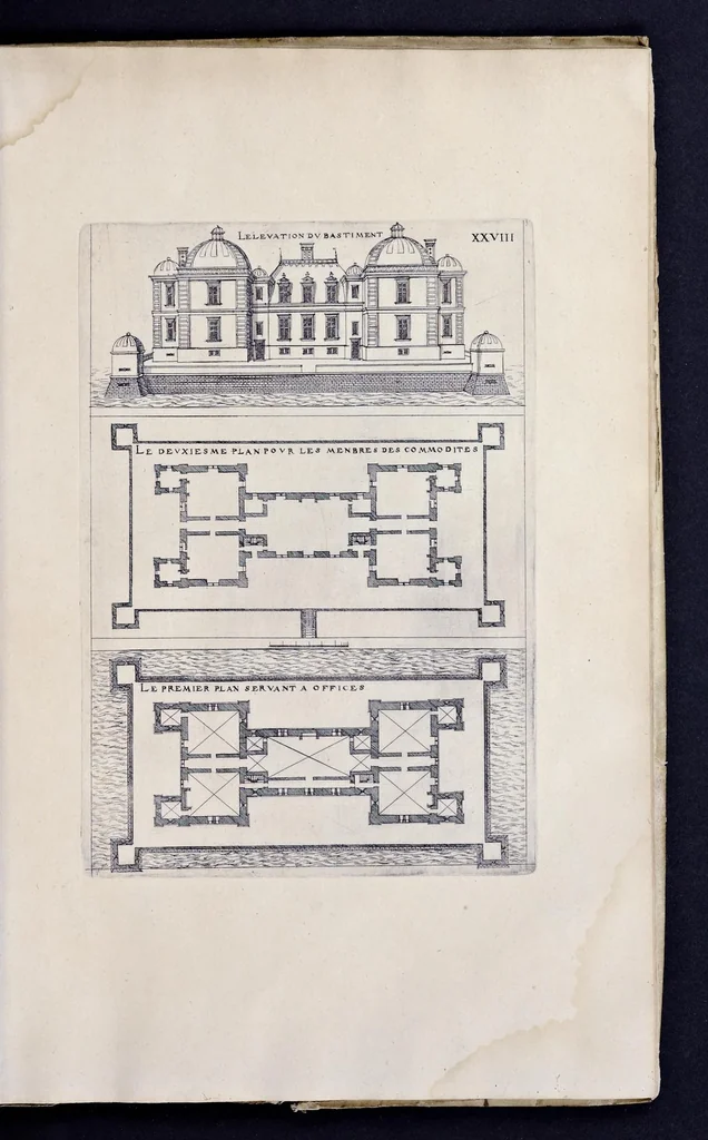 An illustration from Liure d'architecture de Iacques Androuet, du Cerceau : auquel sont contenues diuerses ordonnances de plants et éleuations de bastiment pour seigneurs, gentilshommes, & autres ... : tres-vtile et necessaire a ceux qui veulent bastir, à ce qu'ils soient instruits, & cognoissent les frais & la despense qu'il y conuient faire, 1615, leaf 128
