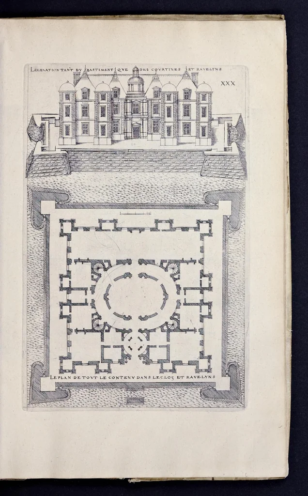 An illustration from Liure d'architecture de Iacques Androuet, du Cerceau : auquel sont contenues diuerses ordonnances de plants et éleuations de bastiment pour seigneurs, gentilshommes, & autres ... : tres-vtile et necessaire a ceux qui veulent bastir, à ce qu'ils soient instruits, & cognoissent les frais & la despense qu'il y conuient faire, 1615, leaf 132