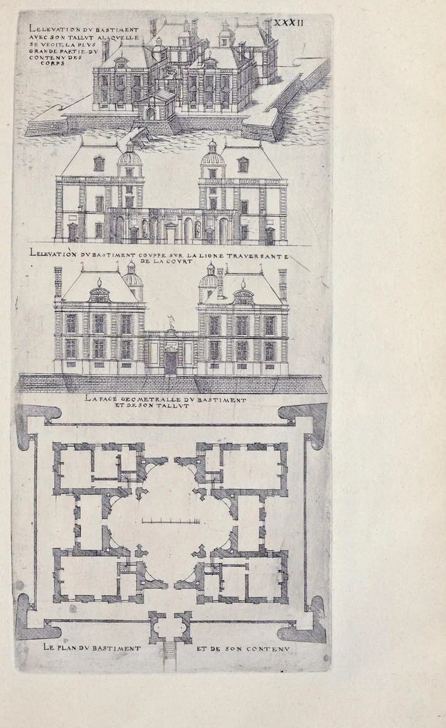 An illustration from Liure d'architecture de Iacques Androuet, du Cerceau : auquel sont contenues diuerses ordonnances de plants et éleuations de bastiment pour seigneurs, gentilshommes, & autres ... : tres-vtile et necessaire a ceux qui veulent bastir, à ce qu'ils soient instruits, & cognoissent les frais & la despense qu'il y conuient faire, 1615, leaf 136