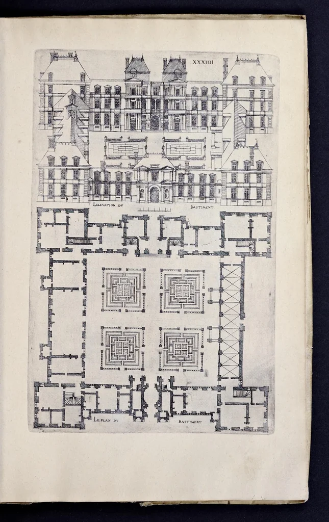 An illustration from Liure d'architecture de Iacques Androuet, du Cerceau : auquel sont contenues diuerses ordonnances de plants et éleuations de bastiment pour seigneurs, gentilshommes, & autres ... : tres-vtile et necessaire a ceux qui veulent bastir, à ce qu'ils soient instruits, & cognoissent les frais & la despense qu'il y conuient faire, 1615, leaf 144
