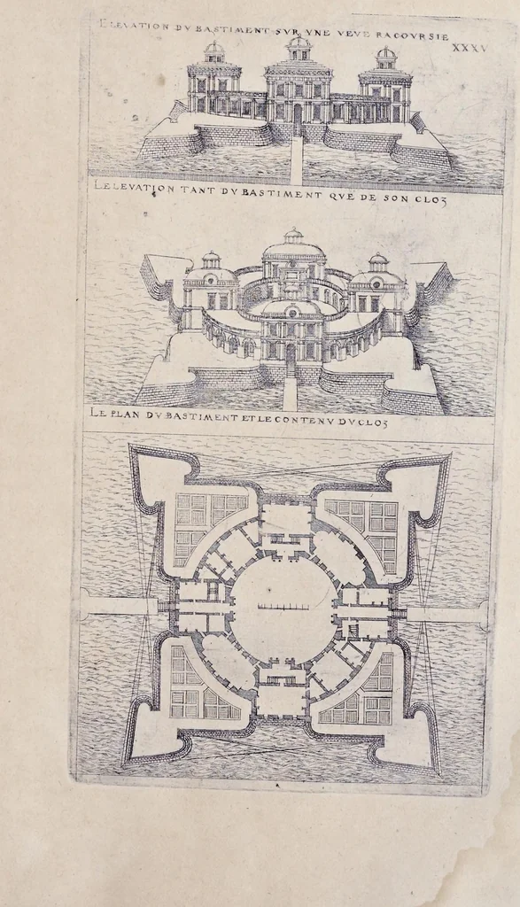 An illustration from Liure d'architecture de Iacques Androuet, du Cerceau : auquel sont contenues diuerses ordonnances de plants et éleuations de bastiment pour seigneurs, gentilshommes, & autres ... : tres-vtile et necessaire a ceux qui veulent bastir, à ce qu'ils soient instruits, & cognoissent les frais & la despense qu'il y conuient faire, 1615, leaf 146