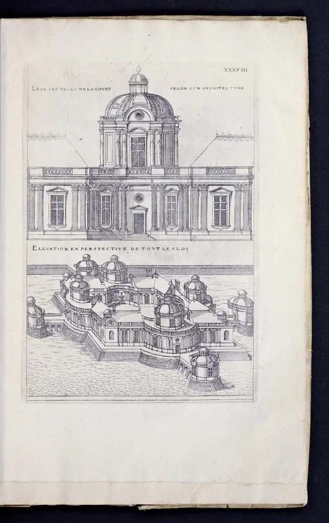 An illustration from Liure d'architecture de Iacques Androuet, du Cerceau : auquel sont contenues diuerses ordonnances de plants et éleuations de bastiment pour seigneurs, gentilshommes, & autres ... : tres-vtile et necessaire a ceux qui veulent bastir, à ce qu'ils soient instruits, & cognoissent les frais & la despense qu'il y conuient faire, 1615, leaf 154