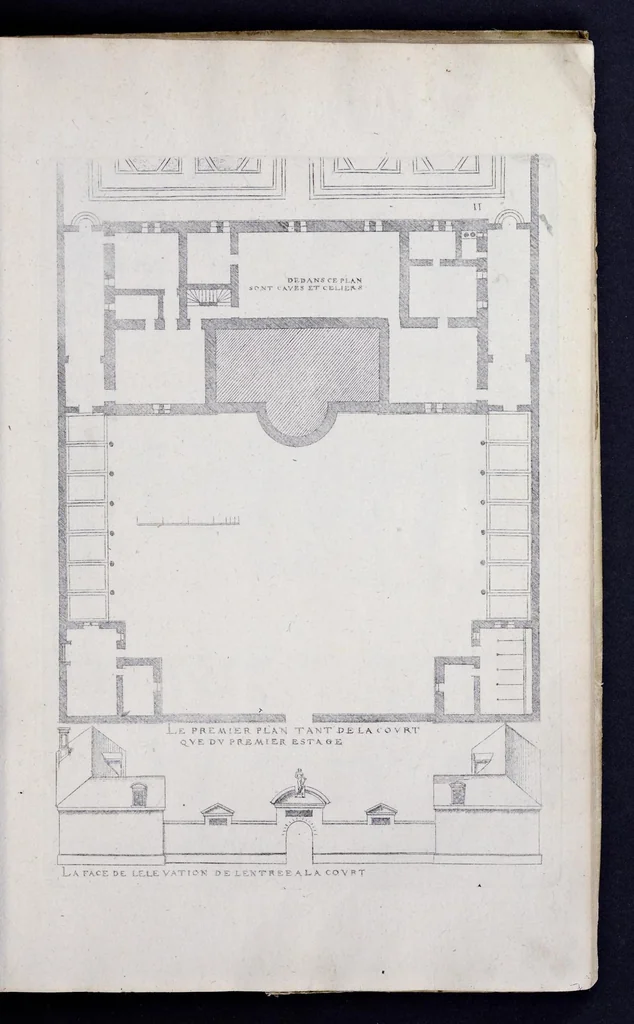 An illustration from Liure d'architecture de Iacques Androuet, du Cerceau : auquel sont contenues diuerses ordonnances de plants et éleuations de bastiment pour seigneurs, gentilshommes, & autres ... : tres-vtile et necessaire a ceux qui veulent bastir, à ce qu'ils soient instruits, & cognoissent les frais & la despense qu'il y conuient faire, 1615, leaf 58
