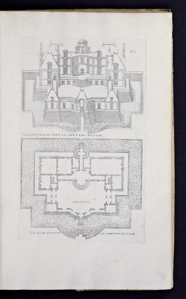 An illustration from Liure d'architecture de Iacques Androuet, du Cerceau : auquel sont contenues diuerses ordonnances de plants et éleuations de bastiment pour seigneurs, gentilshommes, & autres ... : tres-vtile et necessaire a ceux qui veulent bastir, à ce qu'ils soient instruits, & cognoissent les frais & la despense qu'il y conuient faire, 1615, leaf 72