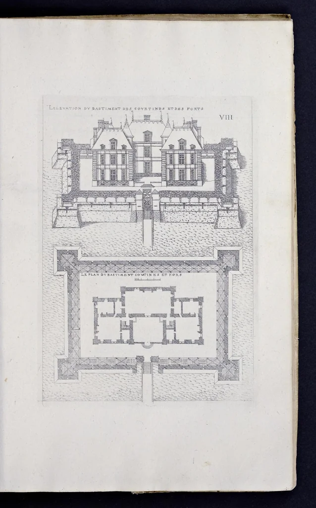 An illustration from Liure d'architecture de Iacques Androuet, du Cerceau : auquel sont contenues diuerses ordonnances de plants et éleuations de bastiment pour seigneurs, gentilshommes, & autres ... : tres-vtile et necessaire a ceux qui veulent bastir, à ce qu'ils soient instruits, & cognoissent les frais & la despense qu'il y conuient faire, 1615, leaf 76