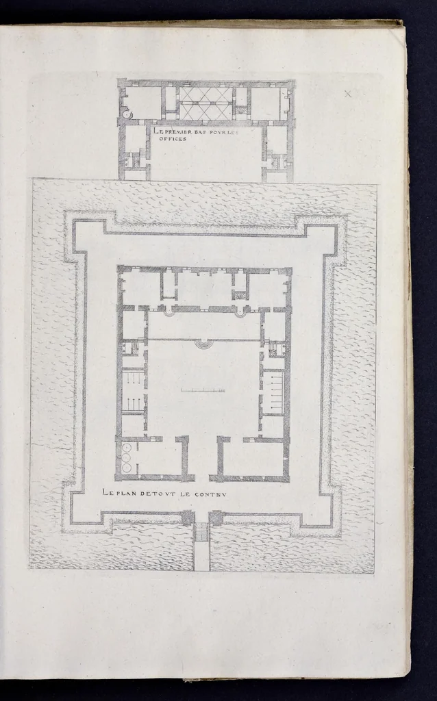 An illustration from Liure d'architecture de Iacques Androuet, du Cerceau : auquel sont contenues diuerses ordonnances de plants et éleuations de bastiment pour seigneurs, gentilshommes, & autres ... : tres-vtile et necessaire a ceux qui veulent bastir, à ce qu'ils soient instruits, & cognoissent les frais & la despense qu'il y conuient faire, 1615, leaf 82