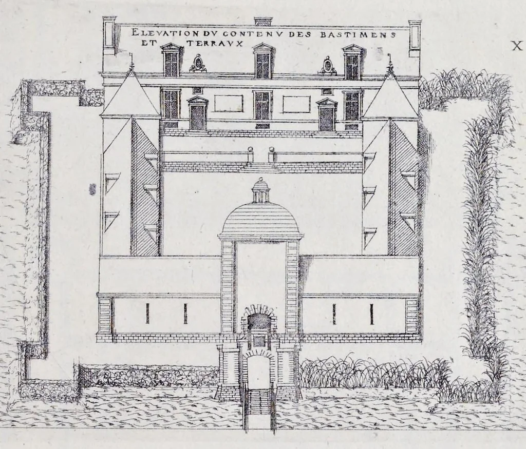 An illustration from Liure d'architecture de Iacques Androuet, du Cerceau : auquel sont contenues diuerses ordonnances de plants et éleuations de bastiment pour seigneurs, gentilshommes, & autres ... : tres-vtile et necessaire a ceux qui veulent bastir, à ce qu'ils soient instruits, & cognoissent les frais & la despense qu'il y conuient faire, 1615, leaf 84