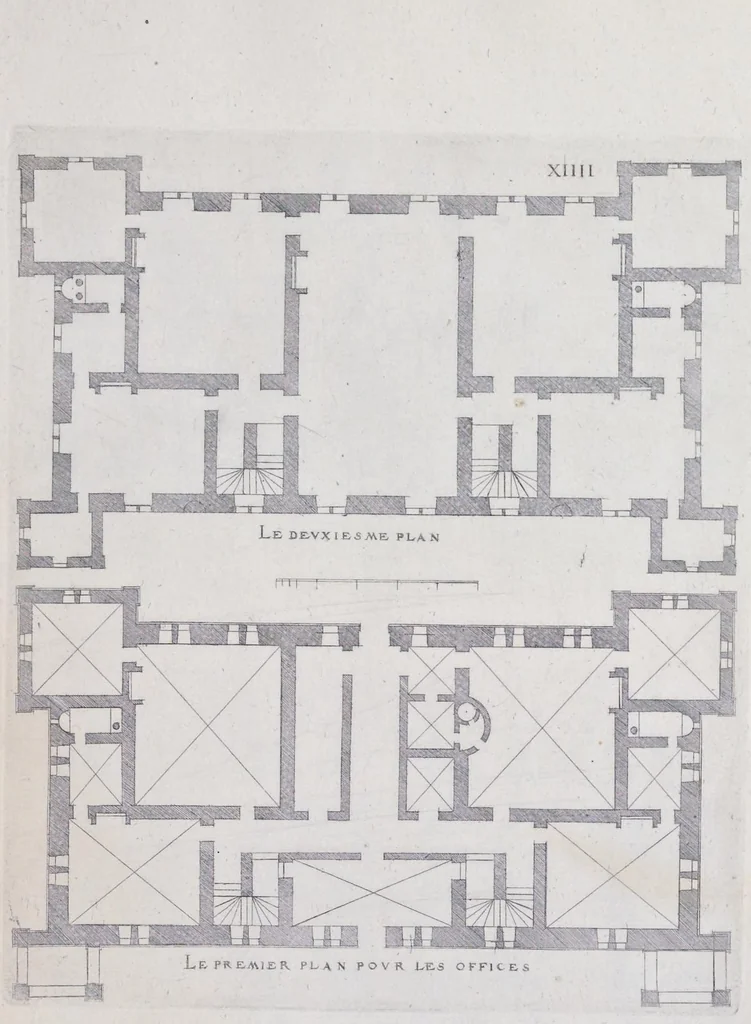 An illustration from Liure d'architecture de Iacques Androuet, du Cerceau : auquel sont contenues diuerses ordonnances de plants et éleuations de bastiment pour seigneurs, gentilshommes, & autres ... : tres-vtile et necessaire a ceux qui veulent bastir, à ce qu'ils soient instruits, & cognoissent les frais & la despense qu'il y conuient faire, 1615, leaf 94