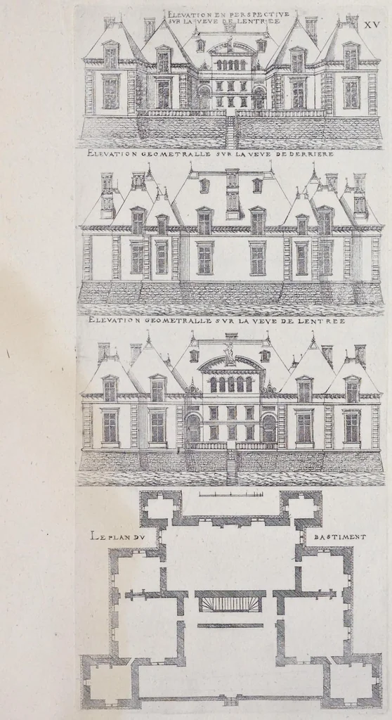 An illustration from Liure d'architecture de Iacques Androuet, du Cerceau : auquel sont contenues diuerses ordonnances de plants et éleuations de bastiment pour seigneurs, gentilshommes, & autres ... : tres-vtile et necessaire a ceux qui veulent bastir, à ce qu'ils soient instruits, & cognoissent les frais & la despense qu'il y conuient faire, 1615, leaf 98