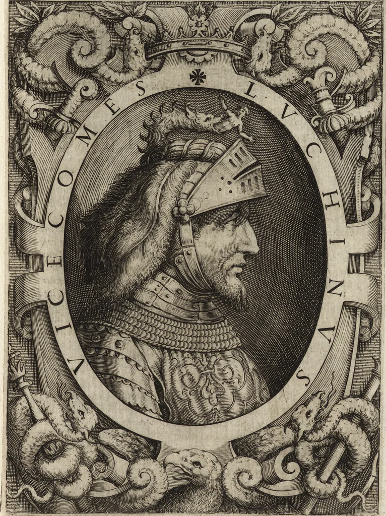 An illustration from Le vite de i dodeci visconti che signoreggiarono Milano, 1645, leaf 100