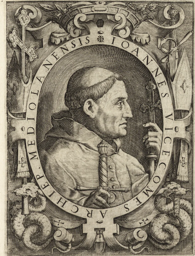 An illustration from Le vite de i dodeci visconti che signoreggiarono Milano, 1645, leaf 106
