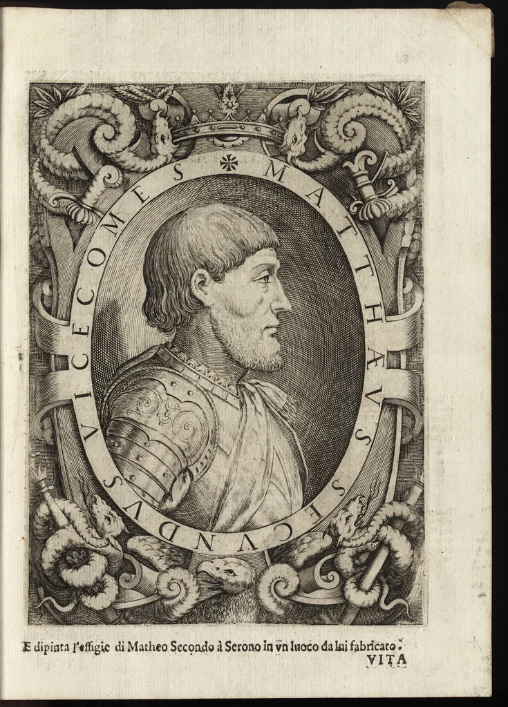 An illustration from Le vite de i dodeci visconti che signoreggiarono Milano, 1645, leaf 112