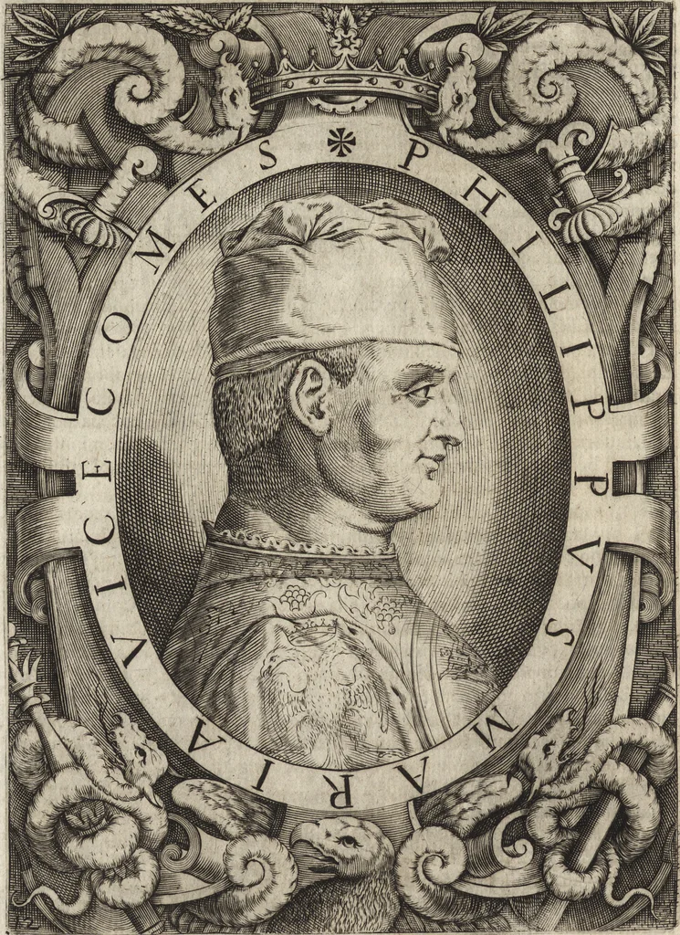 An illustration from Le vite de i dodeci visconti che signoreggiarono Milano, 1645, leaf 145