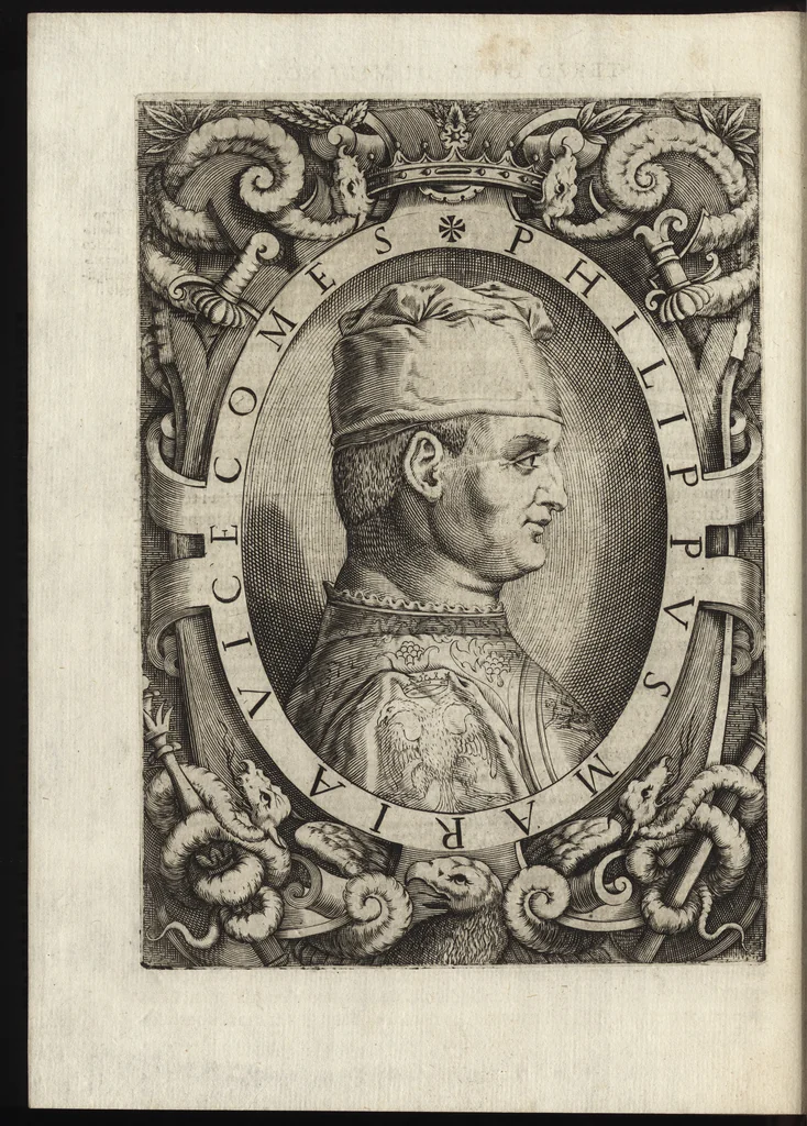 An illustration from Le vite de i dodeci visconti che signoreggiarono Milano, 1645, leaf 151