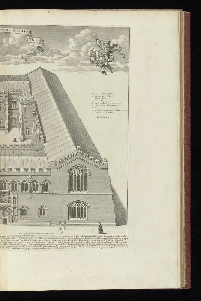 An illustration from Cantabrigia illustrata, sive, Omnium celeberrimae istius universitatis collegiorum, aularum, bibliothecae academicae, scholarum publicarum, Sacelli Coll. Regalis, nec non totius oppidi ichnographia, 1690, leaf 32