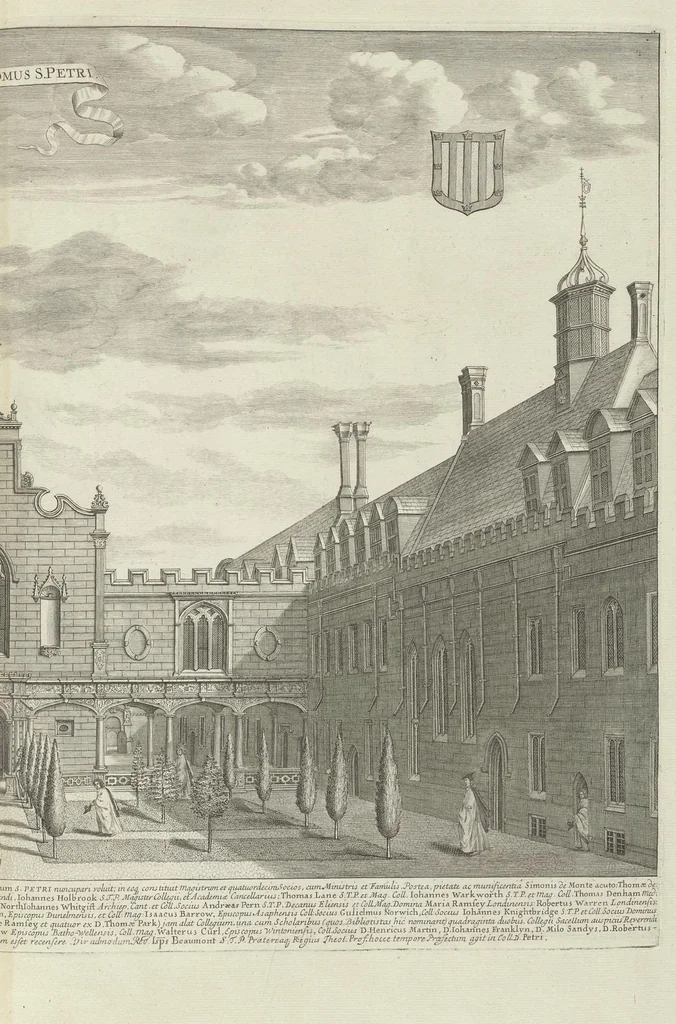 An illustration from Cantabrigia illustrata, sive, Omnium celeberrimae istius universitatis collegiorum, aularum, bibliothecae academicae, scholarum publicarum, Sacelli Coll. Regalis, nec non totius oppidi ichnographia, 1690, leaf 52