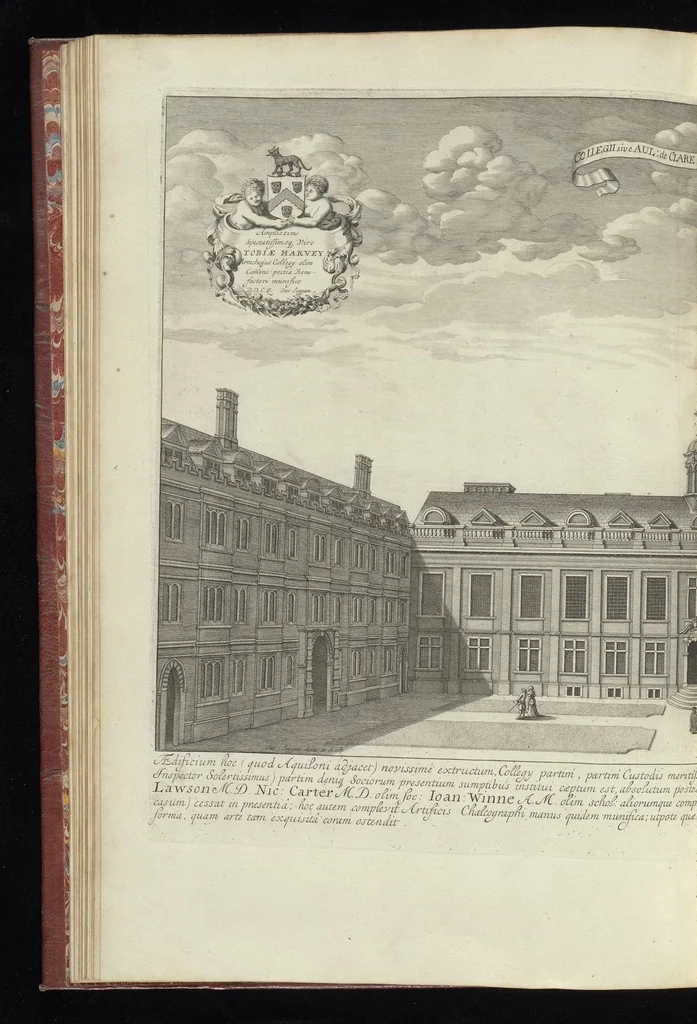 An illustration from Cantabrigia illustrata, sive, Omnium celeberrimae istius universitatis collegiorum, aularum, bibliothecae academicae, scholarum publicarum, Sacelli Coll. Regalis, nec non totius oppidi ichnographia, 1690, leaf 59