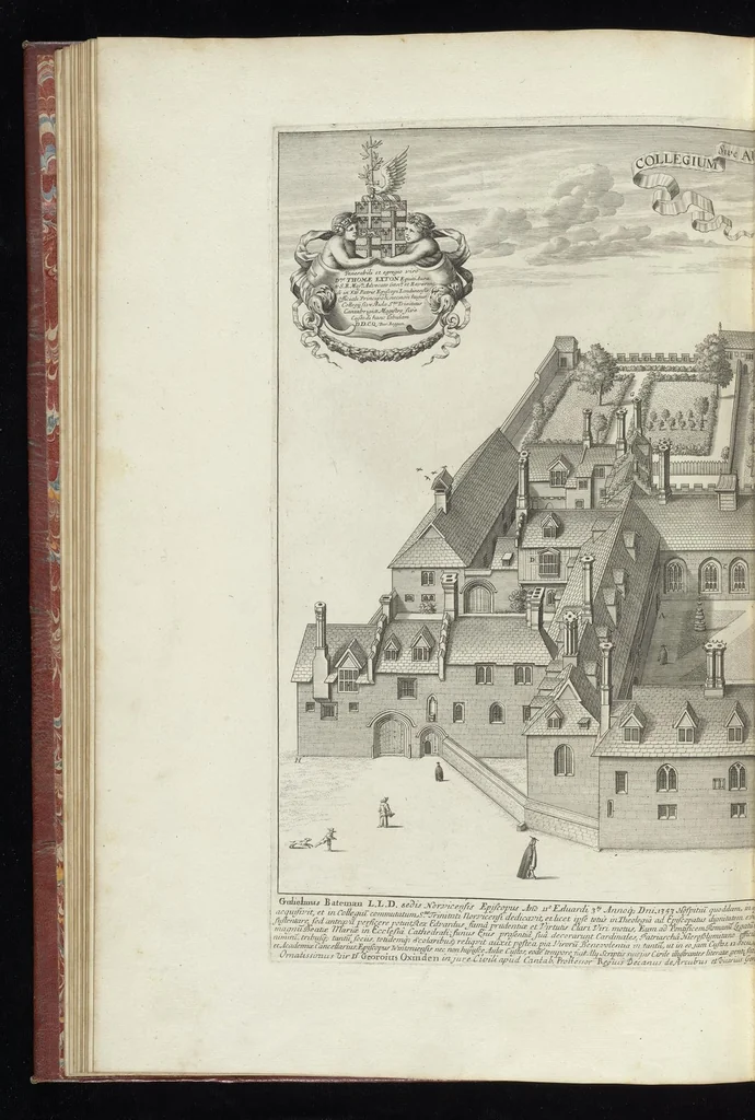 An illustration from Cantabrigia illustrata, sive, Omnium celeberrimae istius universitatis collegiorum, aularum, bibliothecae academicae, scholarum publicarum, Sacelli Coll. Regalis, nec non totius oppidi ichnographia, 1690, leaf 71