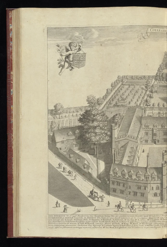 An illustration from Cantabrigia illustrata, sive, Omnium celeberrimae istius universitatis collegiorum, aularum, bibliothecae academicae, scholarum publicarum, Sacelli Coll. Regalis, nec non totius oppidi ichnographia, 1690, leaf 99