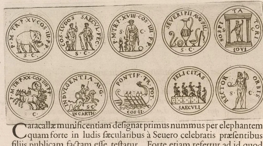 An illustration from Imperatorum romanorum numismata ex aere mediae et minimae formae : descripta & enarrata, 1671, leaf 353