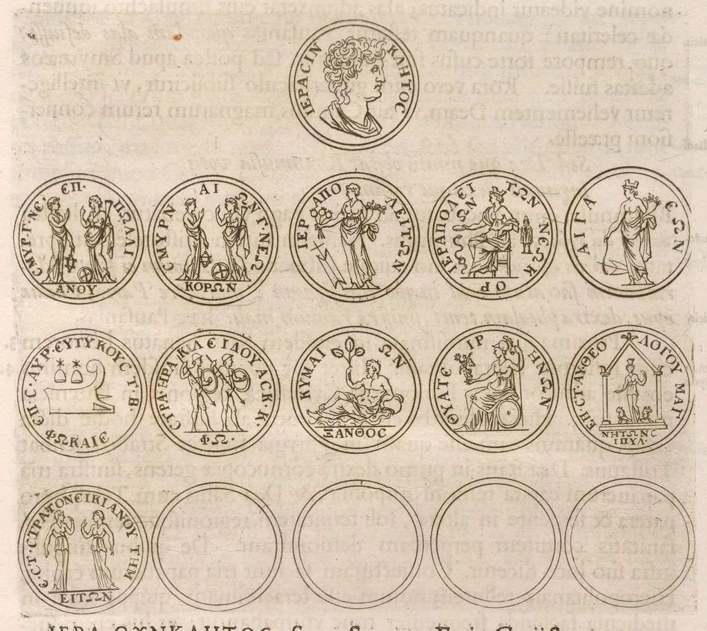 An illustration from Imperatorum romanorum numismata ex aere mediae et minimae formae : descripta & enarrata, 1671, leaf 50