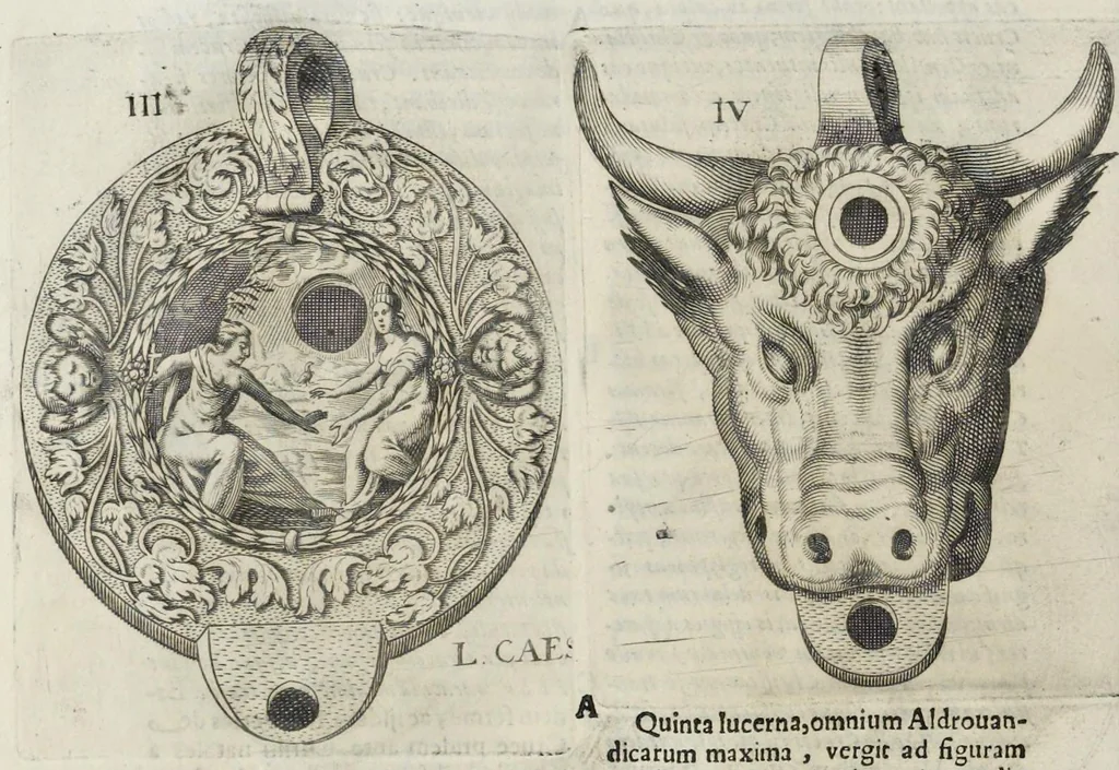 An illustration from De lucernis antiquorum reconditis libb. sex : in quibus earum recens inuentarum adhuc ardentium obseruationes multae primum afferuntur ... : explicatis diligenter abditissimis quaestionibus de ignium causis, origine, varietate, duratione, motu, & extinctu, de antiperistasi, fumo, cinere, lentore, mistis incombustibilibus, brutorum funeribus, & alijs naturae arcanis ..., 1652, leaf 119